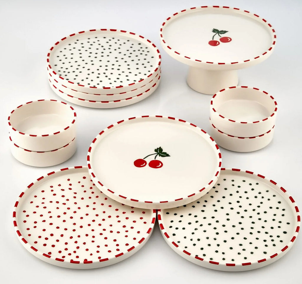 Cherry Plate Set – Stackable Ceramic Collection (11 piece set for 6)