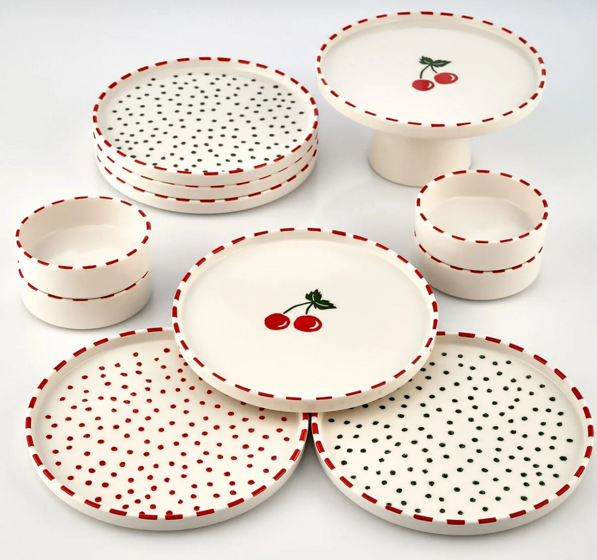 Cherry Plate Set – Stackable Ceramic Collection (11 piece set for 6)