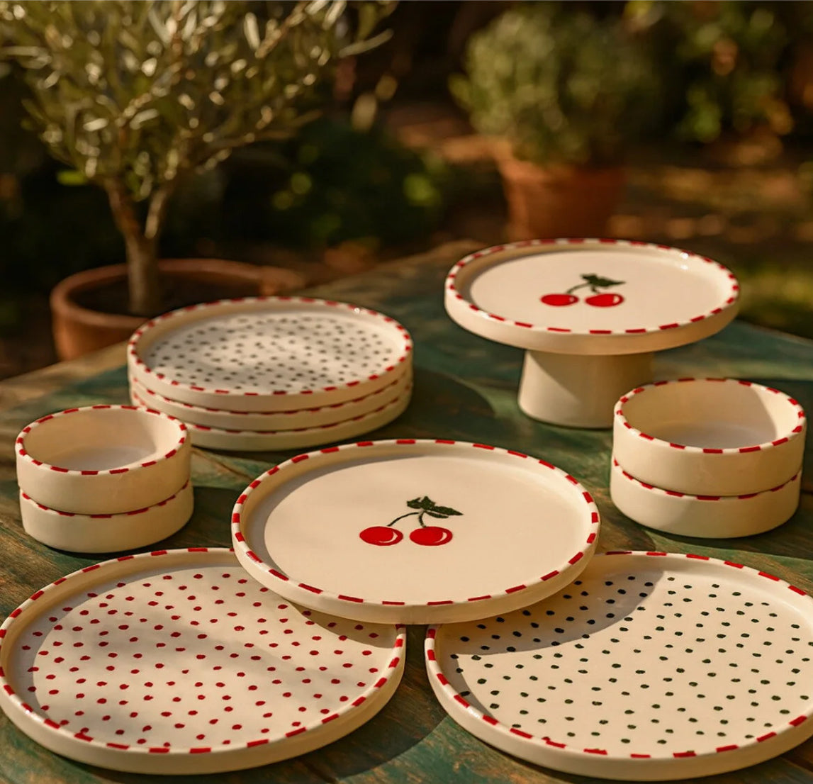 Cherry Plate Set – Stackable Ceramic Collection (11 piece set for 6)